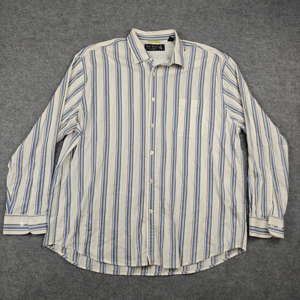 Nat Nast Shirt Mens 2XL White Striped Cotton Silk Long Sleeve Button-Up